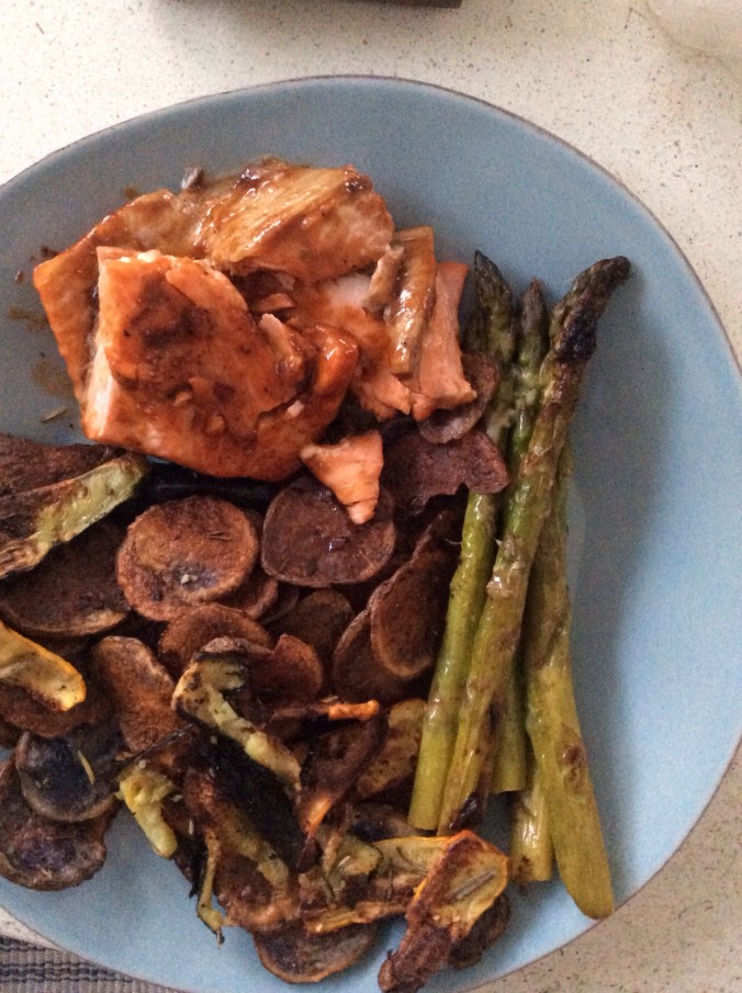BBQ salmon with asparagus, zucchini, squash and purple potatoes 