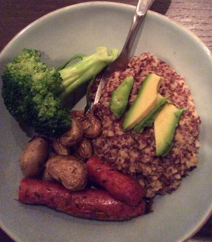 Roasted carrots, fingerling potatoes, steamed broccoli, red lentils and quinoa